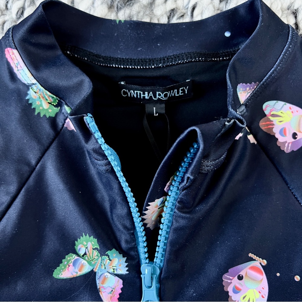 Cynthia Rowley black blue pink butterfly print front zip surf swimsuit - Picture 3 of 9
